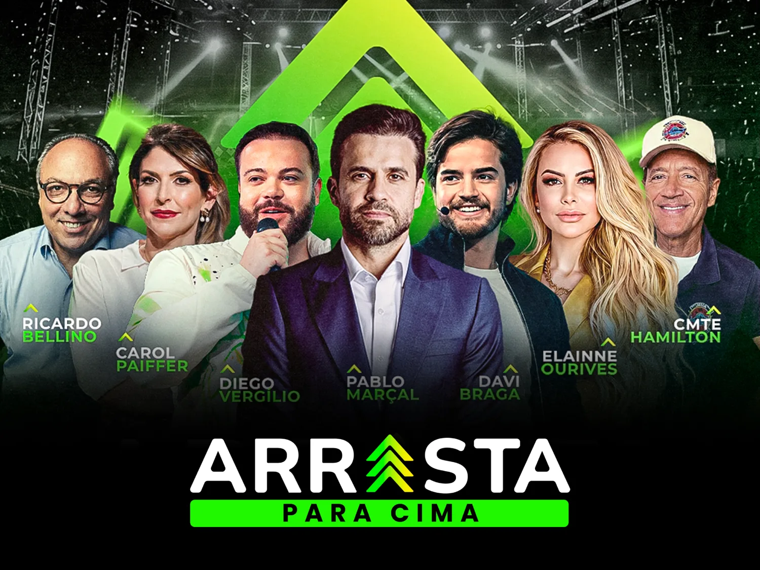 Palco do Arrasta Para Cima 2026 com os principais palestrantes em destaque